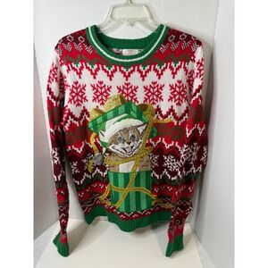 Holiday Time Mens Small Cat in Gift Box Ugly Christmas Sweater Red Green White